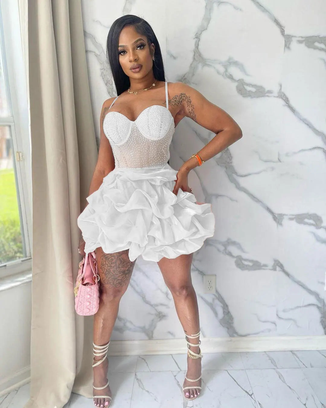 HBLL Sexy Rhinestone Bodycon Ruched Puff Suspenders Dresses Women Sheer Mesh Birthday Party Night Clubwear Summer Dresses Robes