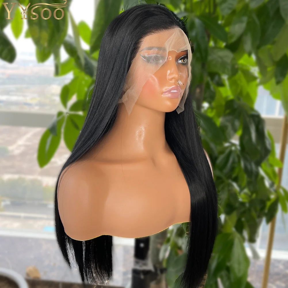 YYsoo 1# Long Silky Straight Dark Black Synthetic Full Lace Wigs for Women Heat Resistant Japan Futura Hair All Hand Tied Wig