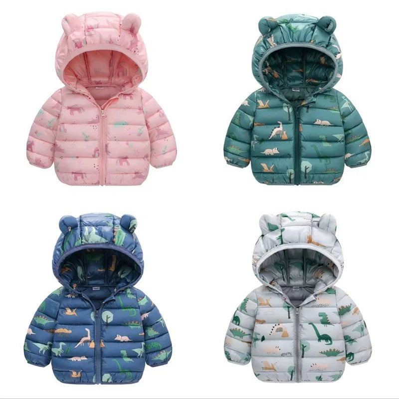 Girls Boys Jackets Kids Cartoon Print Dinosaurs Down Coats Children Spring Autumn Windproof Outerwear Baby Winter Casual Clothes