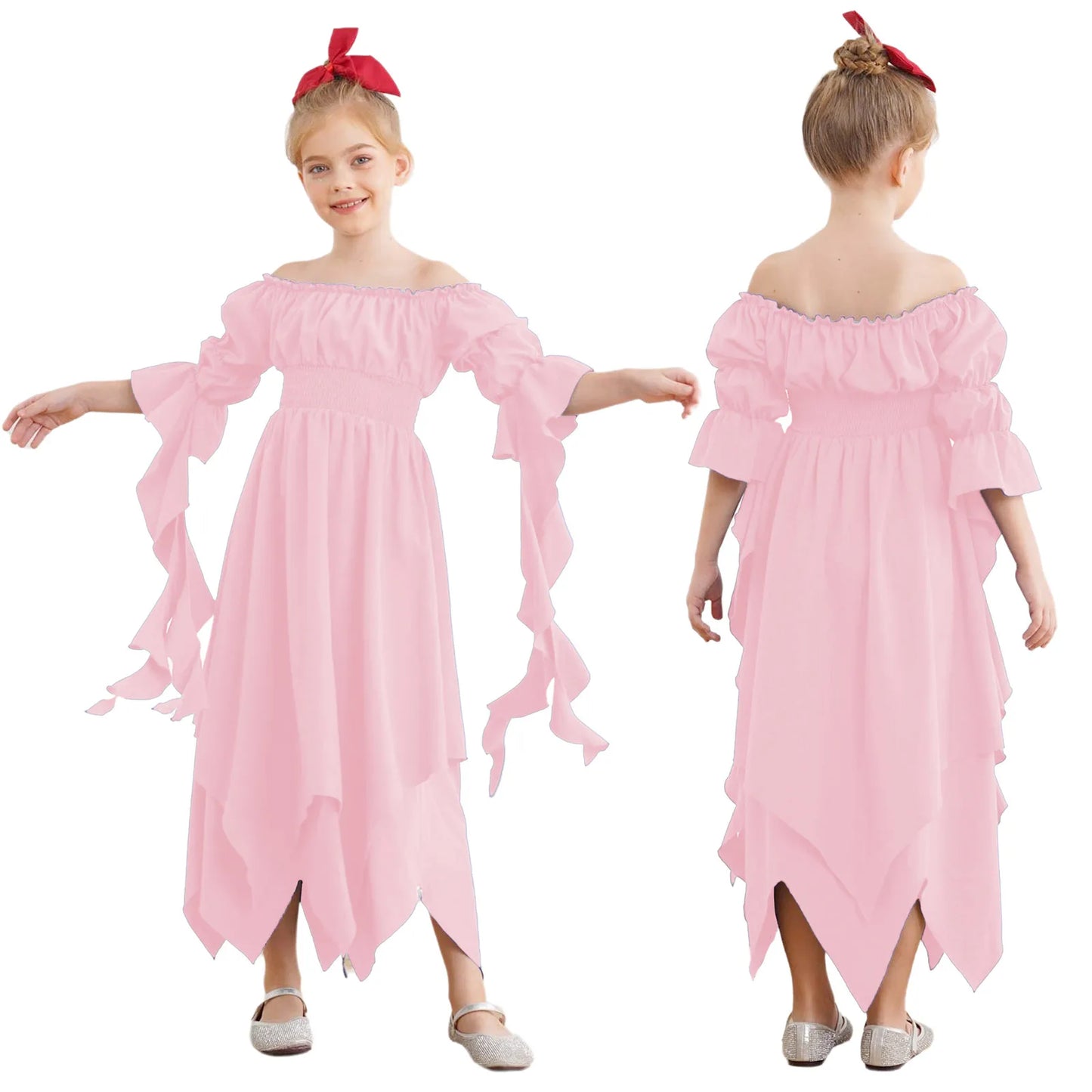Girls Halloween Medieval Renaissance Witch Vampire Cosplay Costume Victorian Gothic Dress Off Shoulder Smocked Irregular Gown