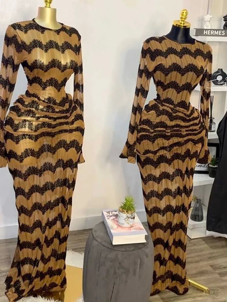 Long Sleeve Maxi Dress Chic for Women High Waist Evening Dress with Drape Sexy Brown Bandage Dress Wholesale Dropshipping