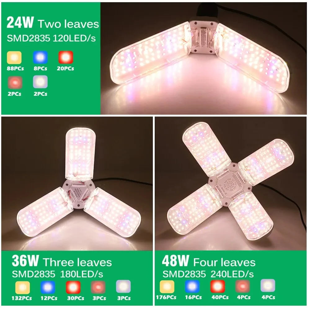 48W Fan Leaf Foldable LED Grow Light Full Spectrum E27 Plant Growing Light Phytolamp Bulb Indoor Plants Flower Seedling