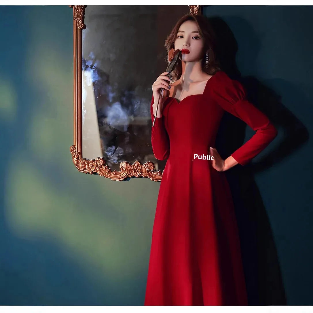 Long Wedding Dress Evening Gown for Bride Engagement Party Autumn Winter New 2025 Large Size Drinking Ceremony Dress