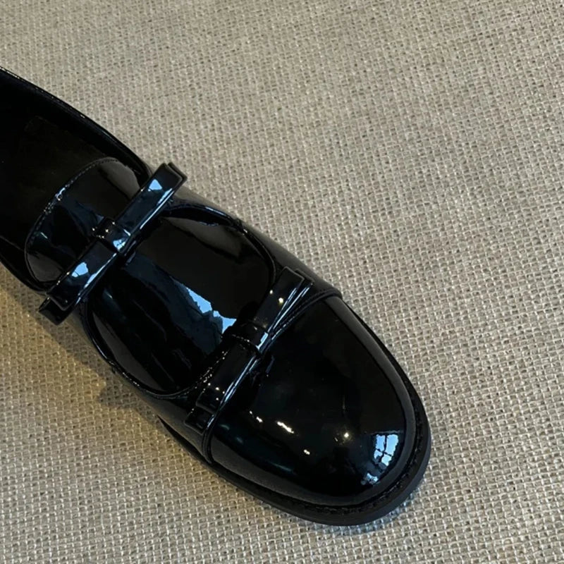 Preppy Double Bowtie Oxfords Woman Low Heels Flats Shiny Small Leather Shoes Ladies College Girls Sneakers Femmes Derby Loafers