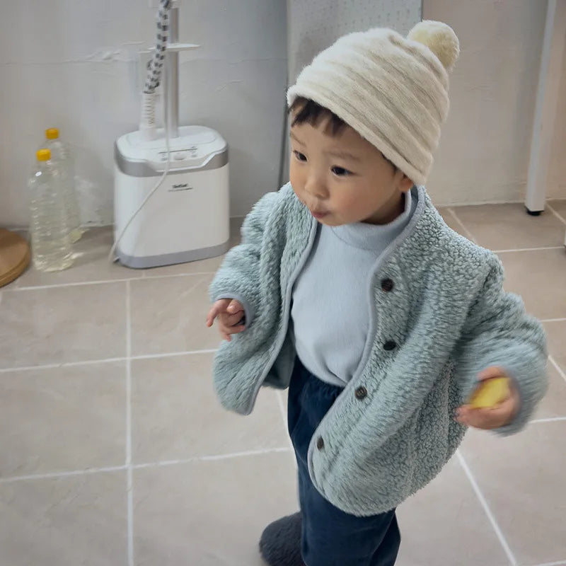 Spring Autumn Baby Kids Sherpa Fleece Jacket, Solid Color Loose Fit Warm Outerwear for Boys Girls Toddler 73-100