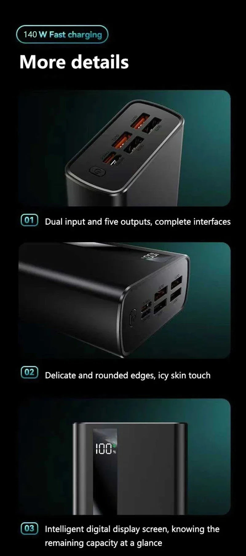 Lenovo CCC 500000mAh 140W Powerbank Super Fast Charging Portable Battery Charger Ultra Capacity LED Digital Display