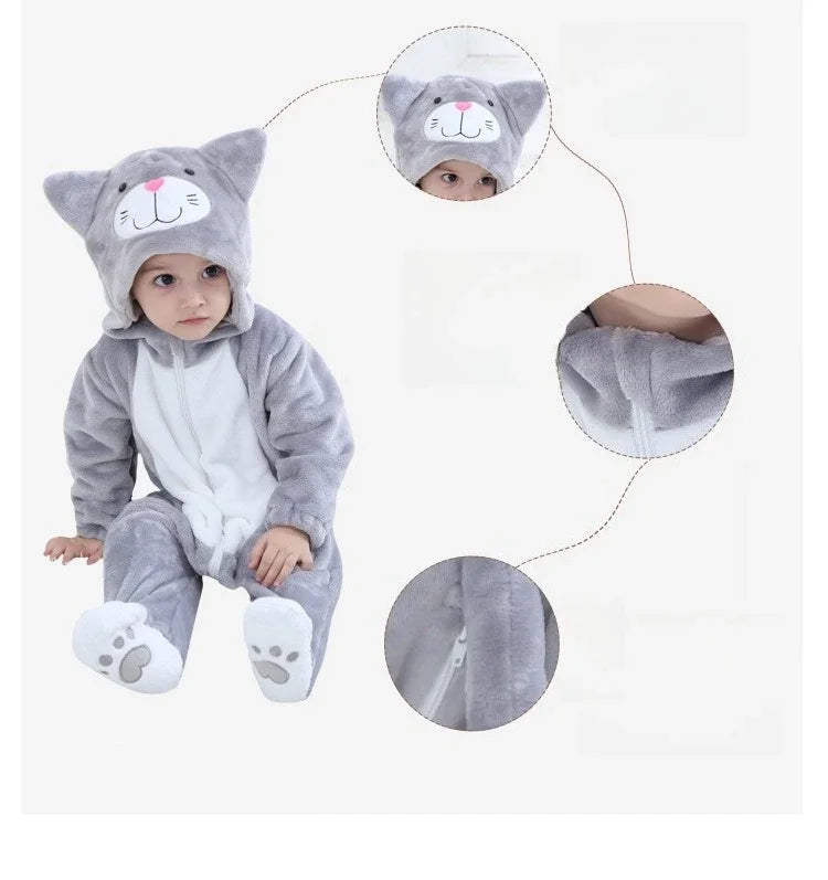 Lovely Cat Costume Baby Boys Girls Clothes Romper Soft Flannel Hooded Bodysuits Pajamas Winter Infant Jumpsuit Toddler Outfits