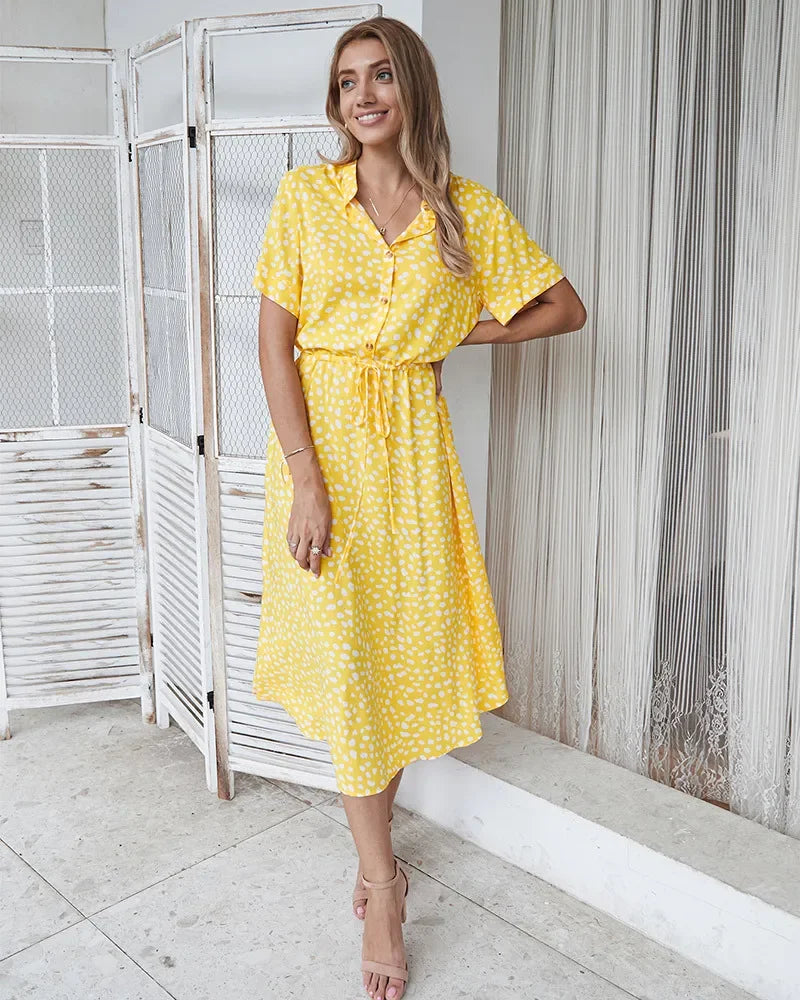 New Fashion Women's Polka Dot Print Short Sleeve Midi Dress Cotton Summer New Arrival Knee-Length Stand Collar Regular Waist