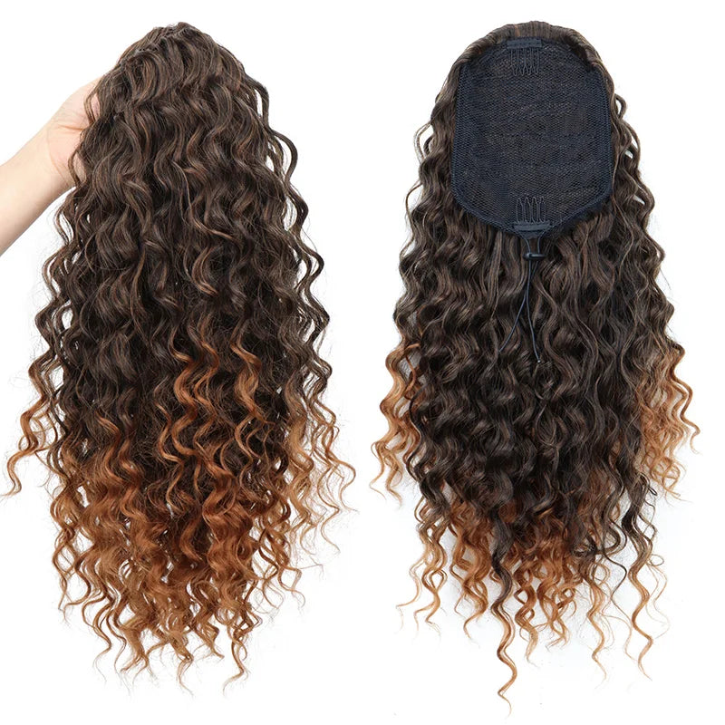 Synthetic 18Inch Long Kinky Curly Ponytail Drawstring Clip in Hair Extension Puff Afro Black Brown Hairpiece for Women