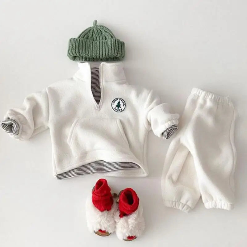 2025 Autumn Baby Boys Clothing Sets Children Thicken Plush Clothes Girls Solid Cotton High Collar Tops+ Pant 2 Pieces Suits