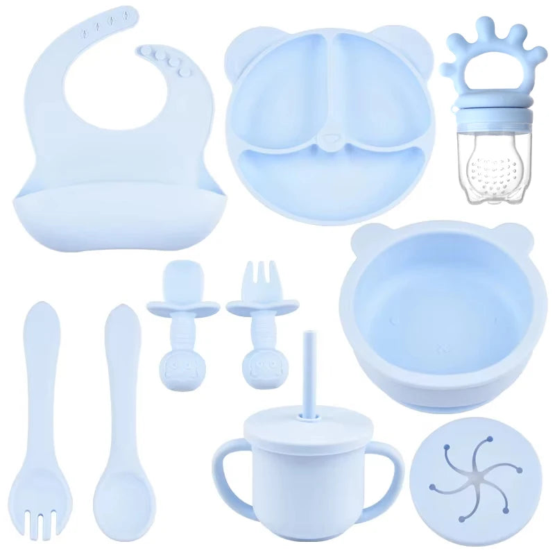 10pcs Children's Silicone Dinner Plate Set Strong Suction Anti-Fall Children's Eating Training Bowl Fork Spoon Feeding Tableware