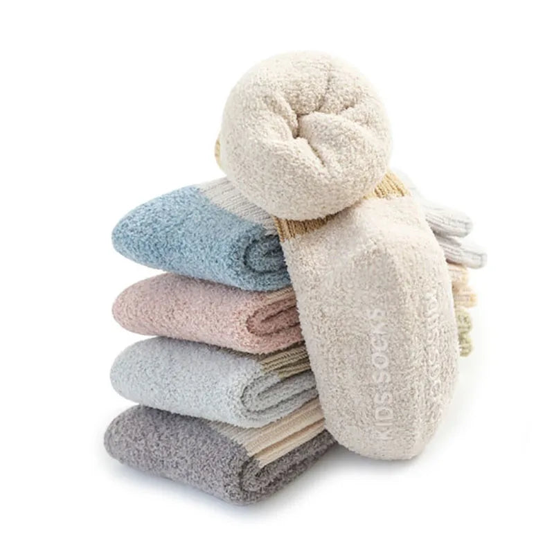 5 Pairs Winter Unisex Kids Baby Socks Infant Patchwork Non-slip Tube Socks Cotton Thick Warm Fleece Newborn Baby Stockings