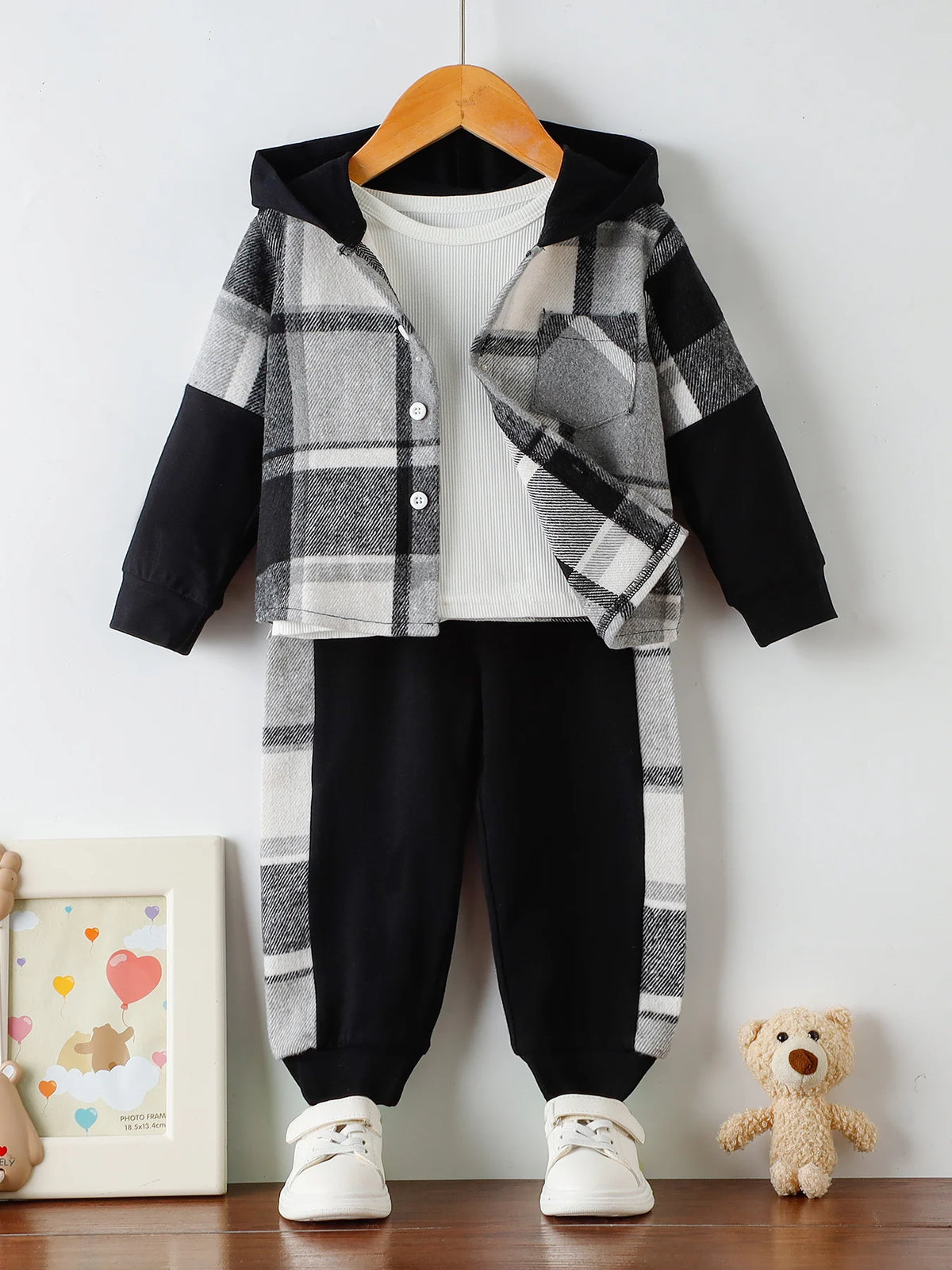 Baby Boys 3Pcs Outfit Set 12M-5Y Plaid Hooded Jacket + Ribbed Tank Top + Patchwork Pants Kids Casual Clothes
