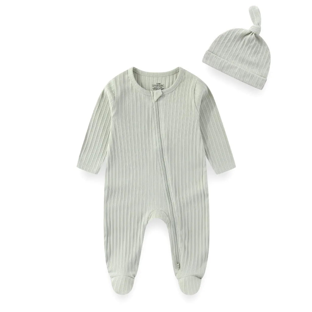 2 Pieces Solid Color Romper+Hat 2-way Zipper Cotton Baby Girl Clothes 0-12M Spring Newborn Baby Boy Clothes Sets Winter