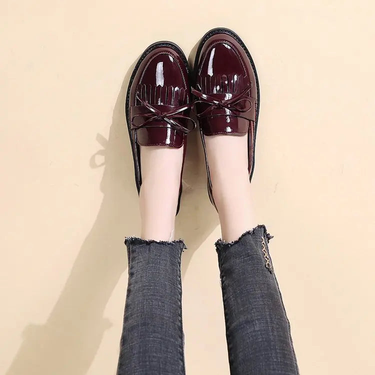 Black Patent Leather Women's Loafers Platform Slip on Shoes for Women 2025 New Spring British Tassel Casual Flats Shoes Woman