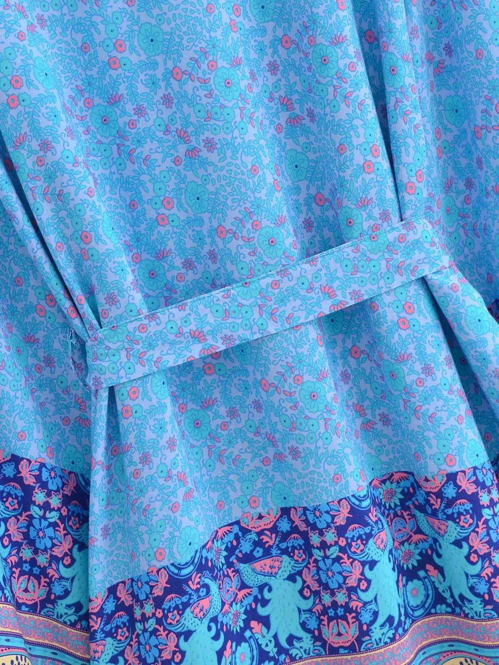 BOHO Women Blue With Pink Flower Print Kimono Shirt Holiday Tide Bow Sashes Mid Long Cardigan Summer Blouse Beach Cape