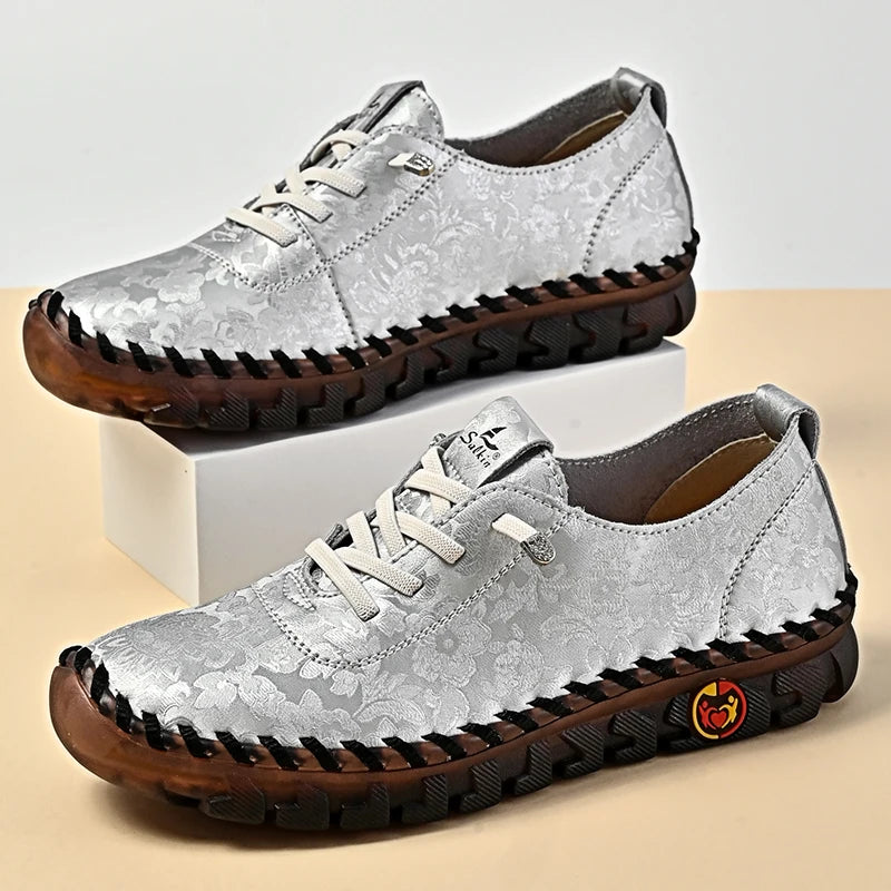 Print Fashion Sneakers Women Hand-stitching Leather Casual Shoes Design Platform Loafers Breathable Flats Shoe Driving Plus Size