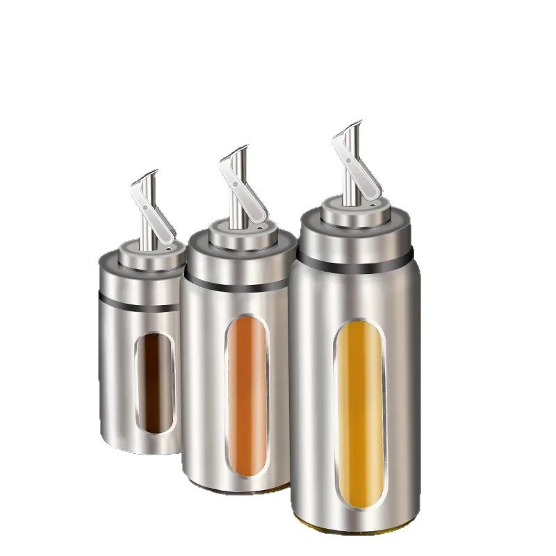 Stainless Steel Glass Oil Dispenser, Auto Open and Close Sauce Vinegar Condiment Bottle, Kitchen Household Oil Can