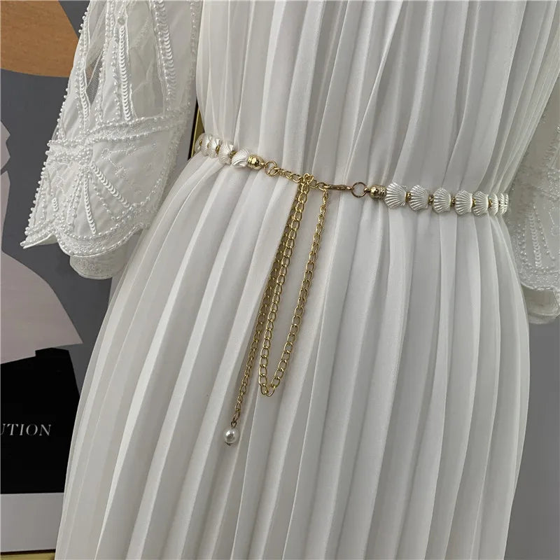 Shell Pearl Waist Chain Women Thin Metal Belt Dainty Body Jewelry Versatile Accessory for Dresses