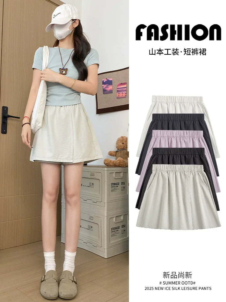 Women's Cargo Skirt Pants 2026 Summer High Waist Loose Fit 5-Pocket Casual Shorts Ice Silk Culottes Streetwear