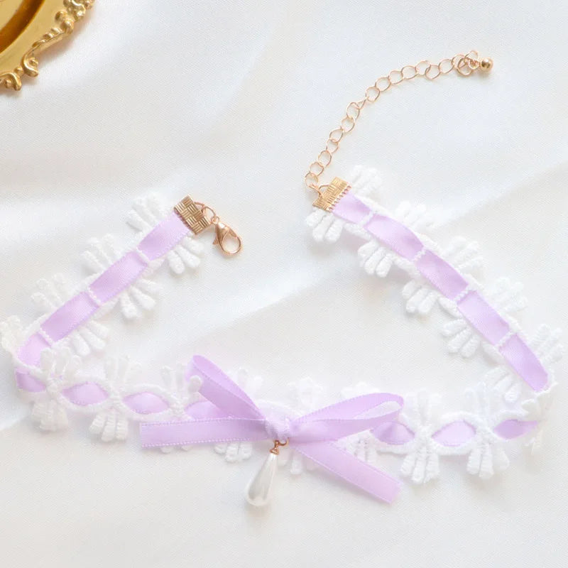 Women's Sexy Bow Lace Necklace with Pearl Drop Clavicle Choker in White Pink Black Purple - Elegant Lady Jewelry Gift