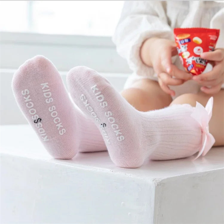 3Pairs/set Baby Girls Big Bow Knee High Socks Spring Autumn Children Non-slip Floor Sock Infant Toddler Princess Stockings 0-3Y