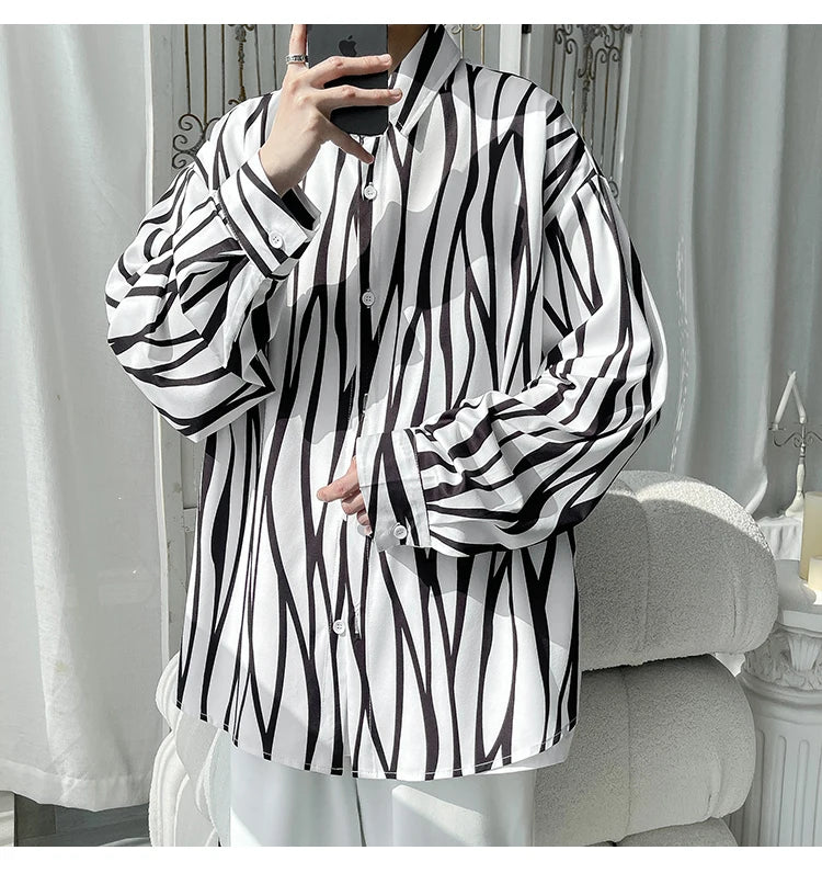 Men's Long Sleeve Striped Shirts Spring New Korean Button Up Shirt Unisex Fashion Casual Oversize Blouse Printed Clothing