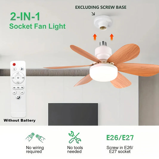 E26/E27 Lamp Holder Fan Light, Smart Ceiling Fan with Light and Remote Control, Easy to Install, Suitable for Bedrooms, Kitchens