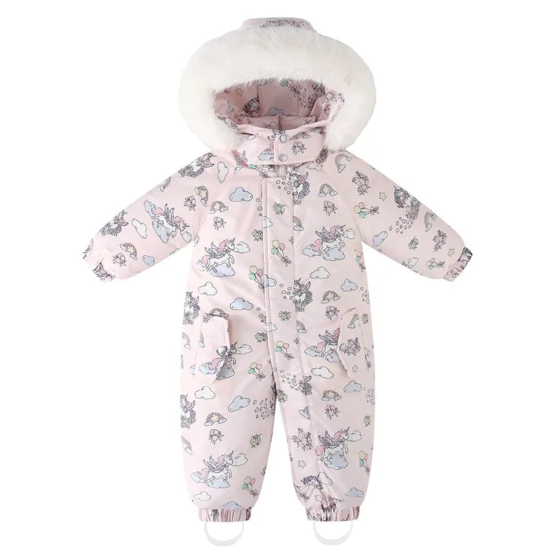 Bellbell Winter 2-6Yrs Girls Snowwear Jumpsuit Faux Fur Hooded Floral Print Kids Baby Girl Romper Thicken Warm Toddler Bodysuit