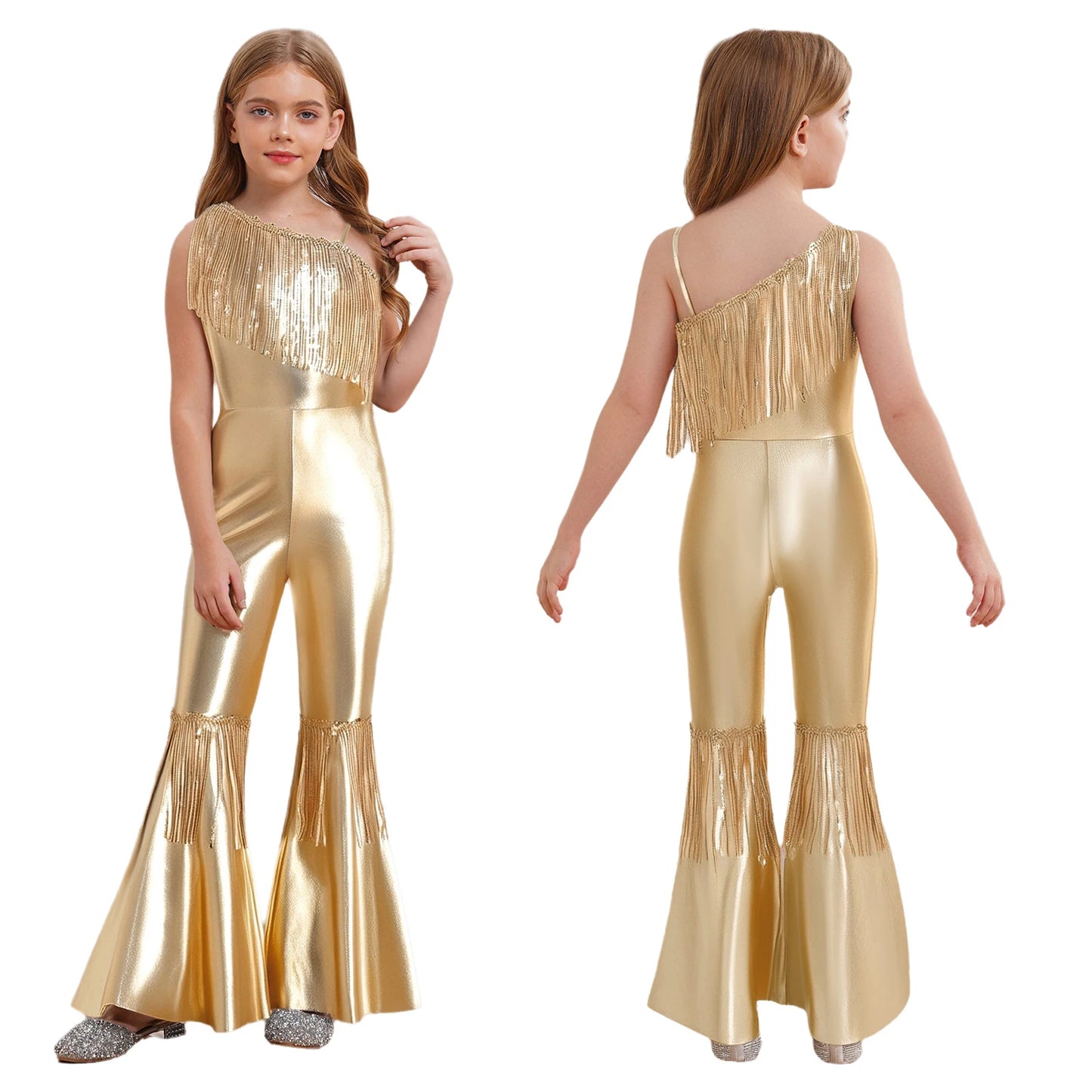 Halloween Kids Girls Hippie Costume Tassels Unitard Bell-bottom Long Pants Bodysuit Jumpsuit for Disco Dance 60s 70s Rave Party