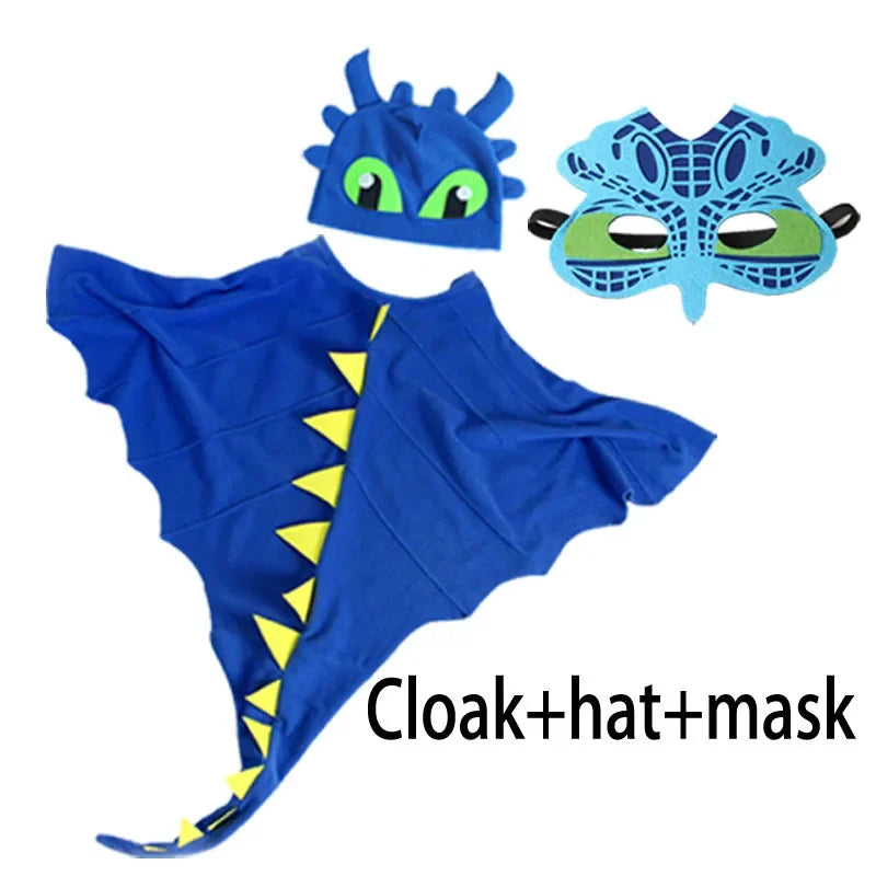 Kids Dragon Cape Costume 3PCS Cloak Hat Mask Set Halloween Carnival Role Play Outfits for Boys Girls School Performance Clothes