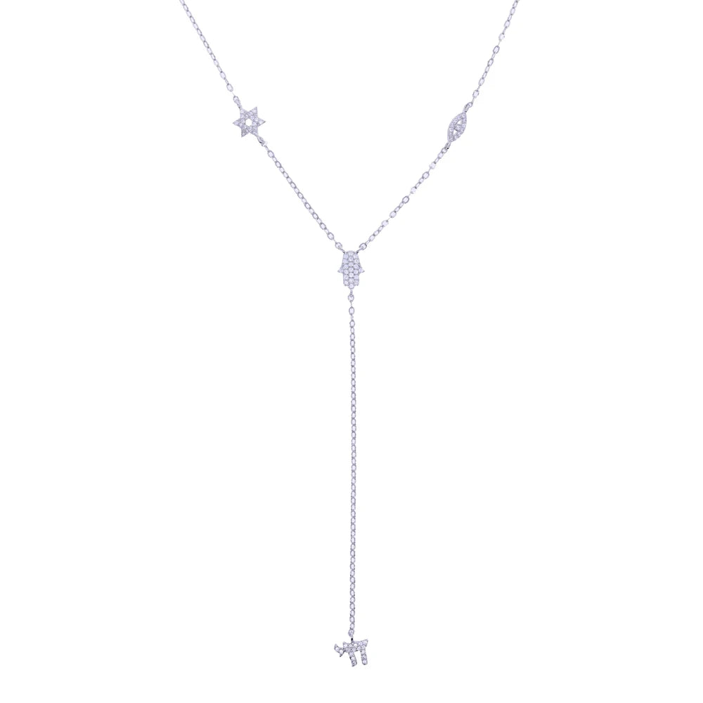 Lucky Cute CZ Star Eye Hand Chai Charm Lariat Y Necklace Amulet Judaism Sign of Life Gold Color Women Jewelry