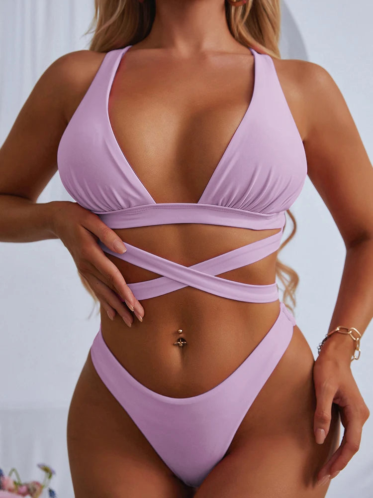 Sexy Bikini 2025 Solid Swimsuit Female Swimwear Women Push Up Bikini Set Cross Bandage Bathing Suit Beach Wear Swimming Suit