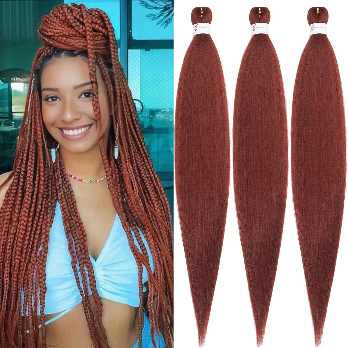 Brown Braiding Hair Pre 3 Packs Pre stretched Braiding Hair Yaki Texture Synthetic Hair Extension Itch Free Hot Water Setting