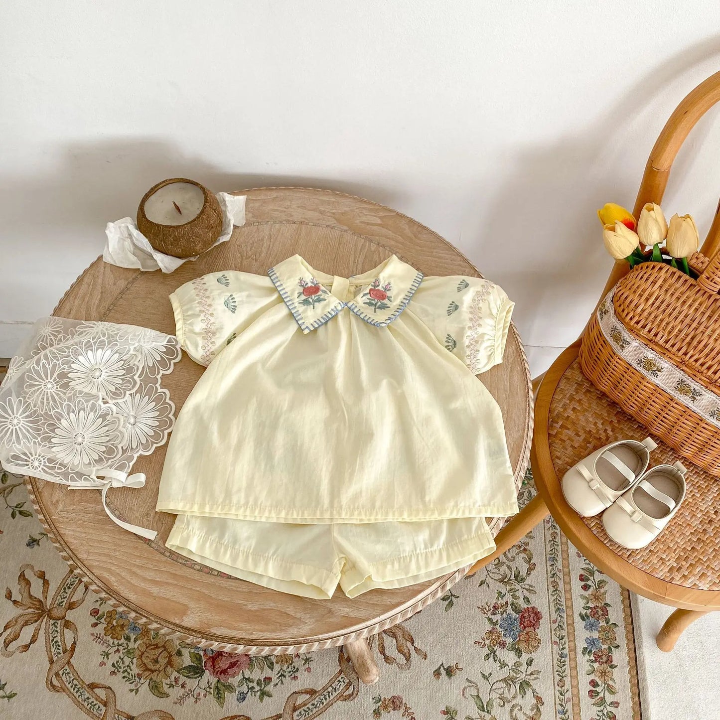 New summer baby clothing, set of 2 pieces for 0-3 year old girls with flower embroidered lapel short sleeved top and thin shorts