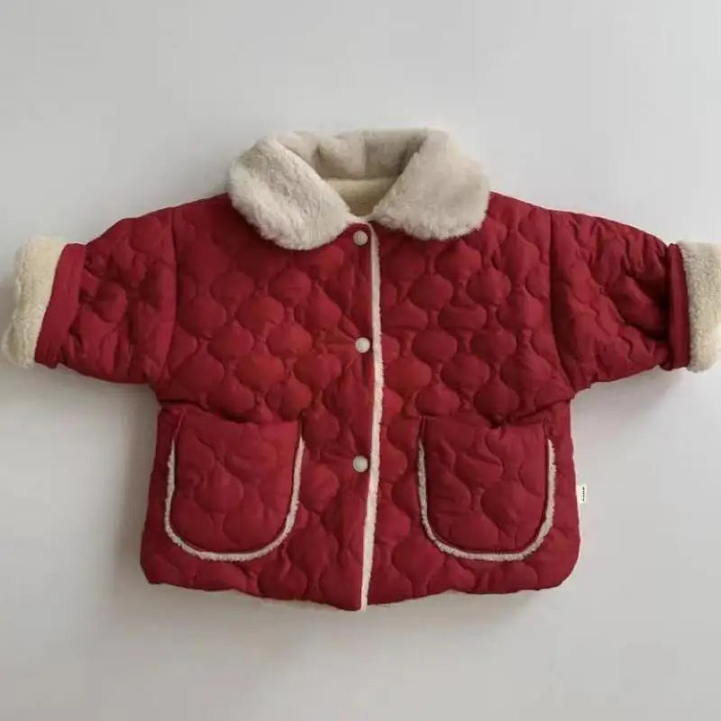 Autumn Winter Ins Children Plus Velvet Thicken Cotton Coat Girl Baby Fashion Solid Lapel Tops Kid Boy Fleece Warm Casual Jacket