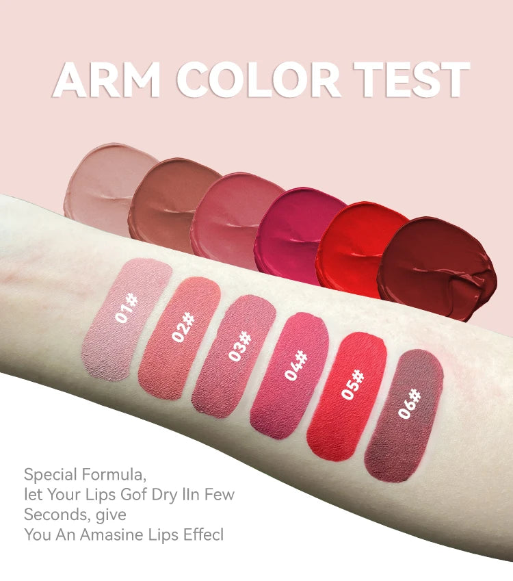 6 Colors of Long-Lasting Velvet Liquid Lipstick with Matte Texture Waterproof Non-Stick Cup Professional Lip Makeup Products