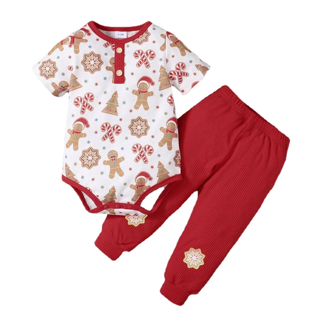 Christmas 2PCS Clothing Set Baby Boy&Girl Cute Gingerbread Short Sleeve Bodysuit+Red Pants Fashion Festival Outfits for Toddler