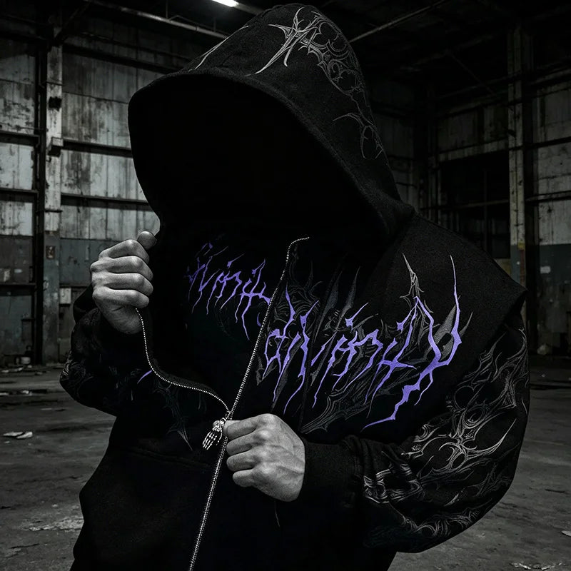 Men Gothic Skull Thorn Graphic Full Zip Up Hoodie Fleece Lined Long Sleeve Winter Punk Goth Streetwear Oversized Sweatshirt