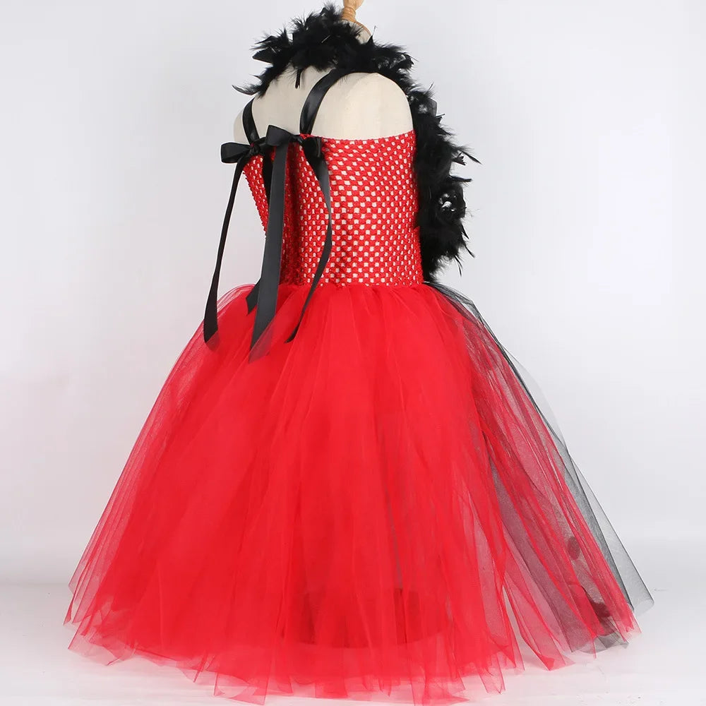 Halloween Crulla Cosplay Costume Cruella Tulle Dress Party Girls Black White Carnival Kids Cruella Wig Lace Mask Suit Clothes
