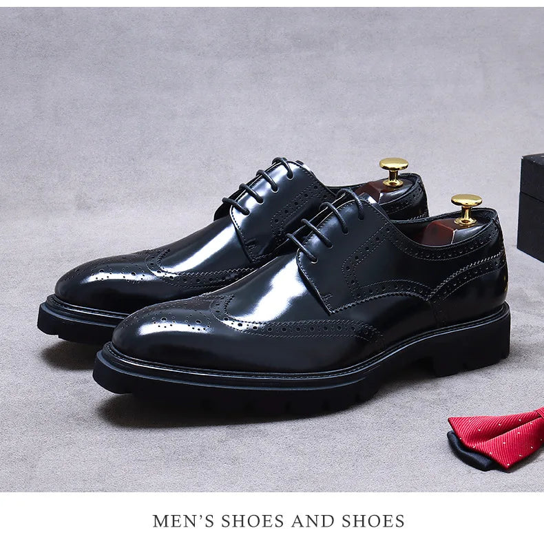 Size 38 To 46 Classic Italian Genuine Leather Men's Dress Shoes Black Lace-up Wingtip Oxfords Business Wedding Brogue Suit Shoes