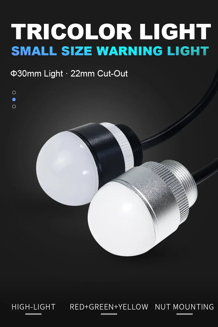 30mm Mini Tri‑Color LED Warning Light 12V24V Waterproof Signal Indicator Lamp for CNC Machine Tool Equipment Industrial Machiner