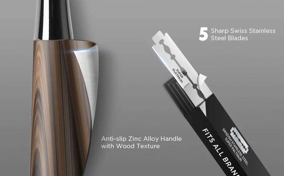 Advanced Double Edge Safety Razor Faux Wooden Handle Heavy Duty High Quality Men's Shaving Tools Including Gift Box With 5 Blade