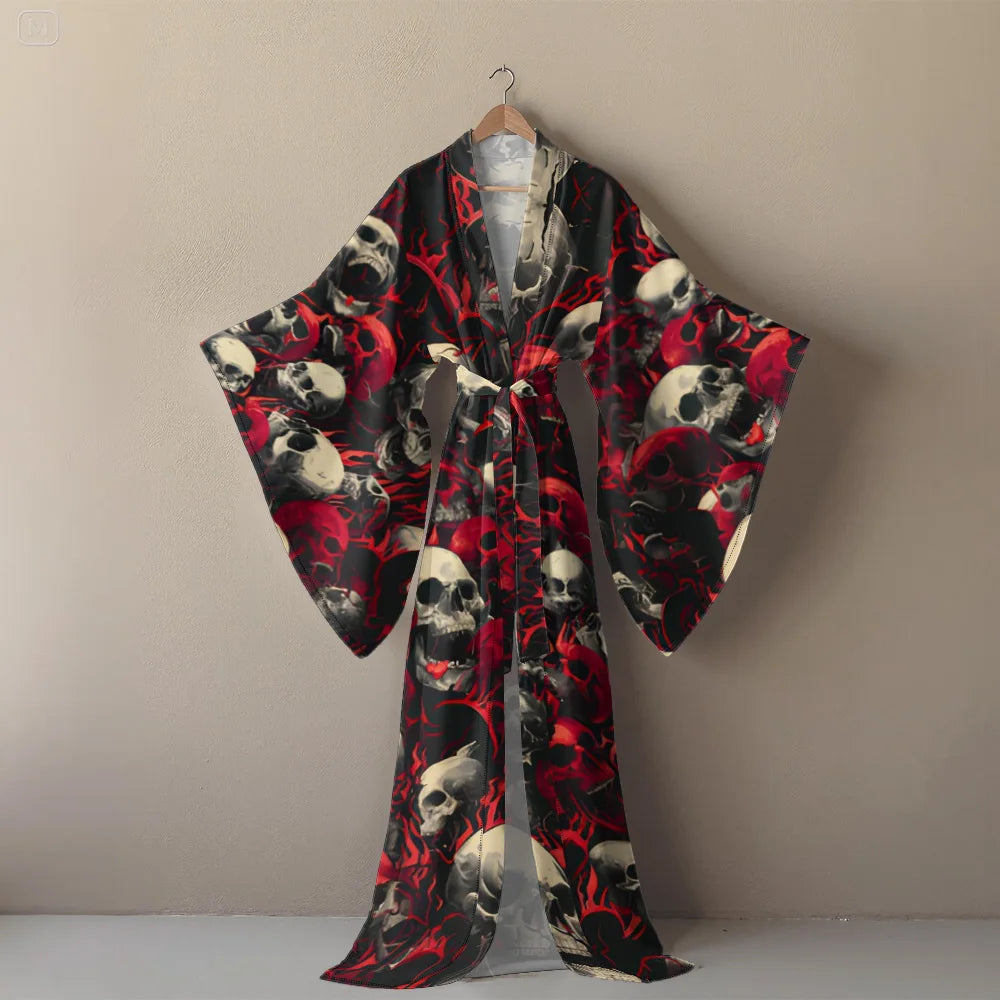 Halloween Cosplay Women's Sexy V-Neck Robe with Abstract Ghost Print - Long Sleeve Party Costume Unique Vampire Witch Long Robe