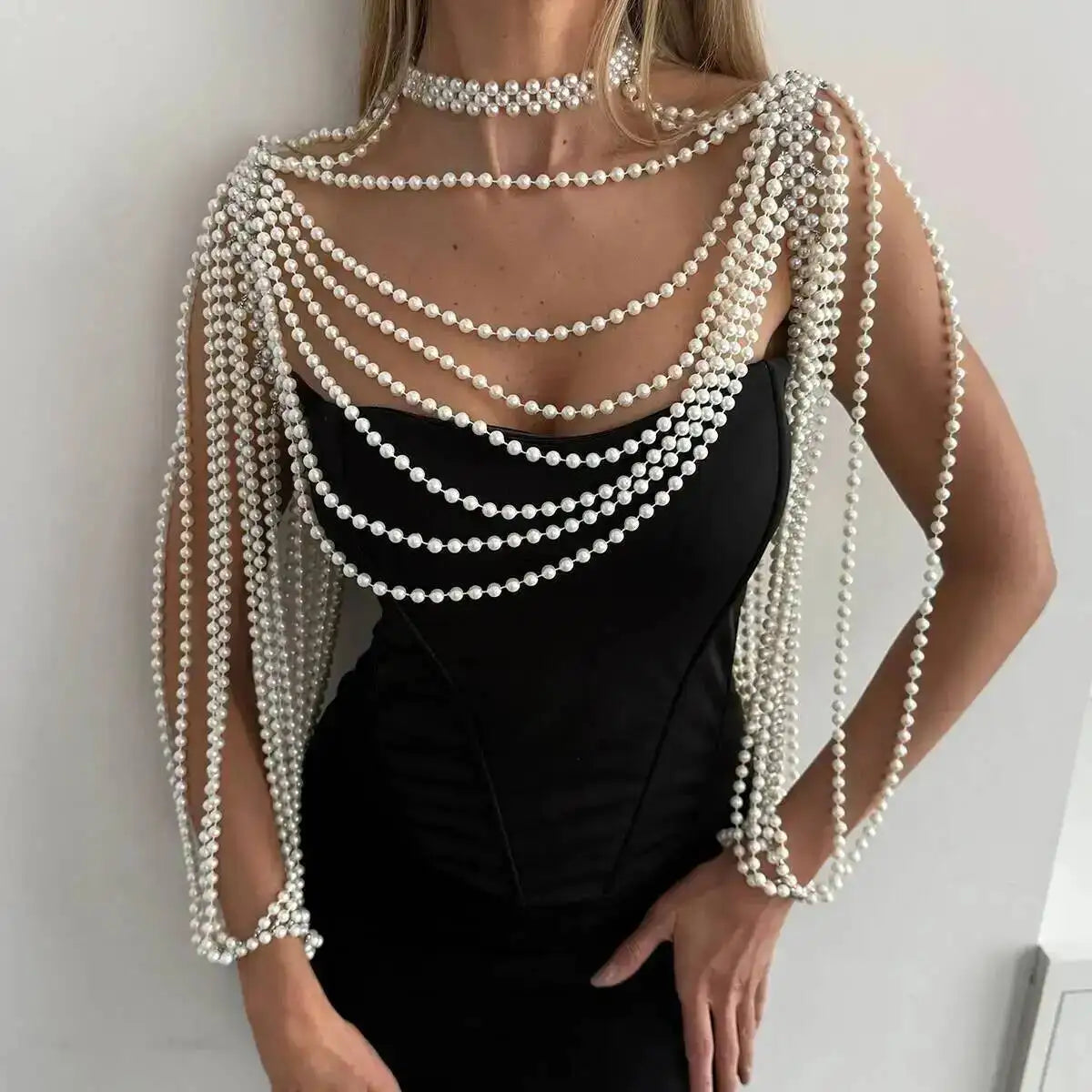 KunJoe Luxury Multi-layer Imitation Pearl Shawl Body Chain Women Elegant Long Necklace Body Jewelry Bride Wedding Accessories