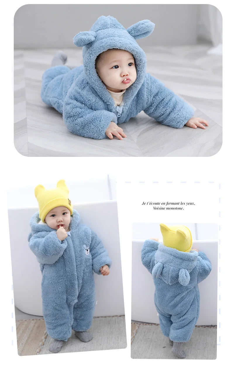 Baby Boy Clothes Cute Plush Bear Baby Rompers Autumn Winter Keep Warm Hooded Infant Girls Overall Jumpsuit Newborn Romper 0-18M