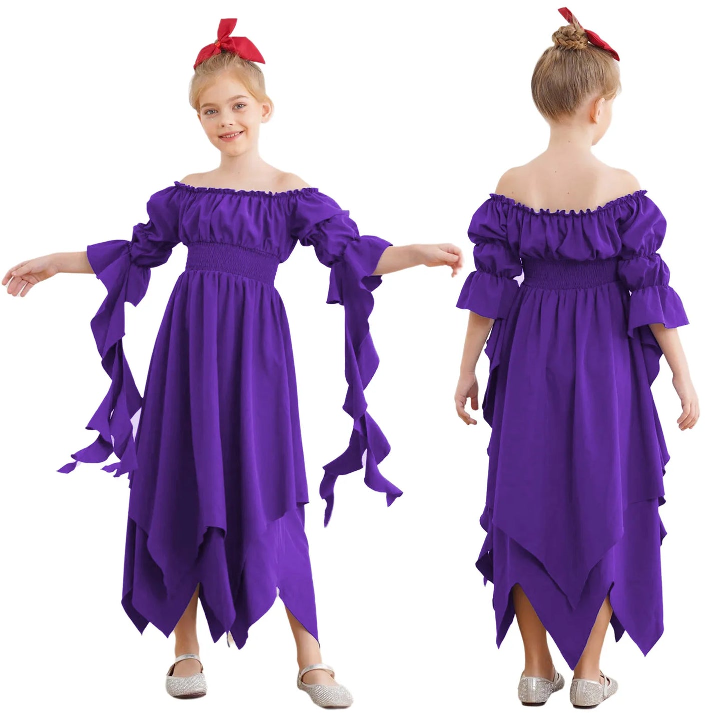 Girls Halloween Medieval Renaissance Witch Vampire Cosplay Costume Victorian Gothic Dress Off Shoulder Smocked Irregular Gown