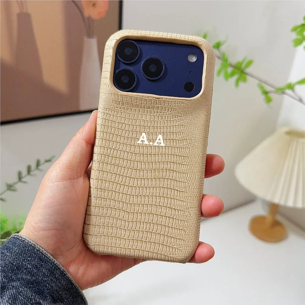 Customized letter Lizard pattern PU leather hard Case for iPhone17 16 15 14 Phone Cover 17 16 13 12 11 Pro Shockproof Back Funda