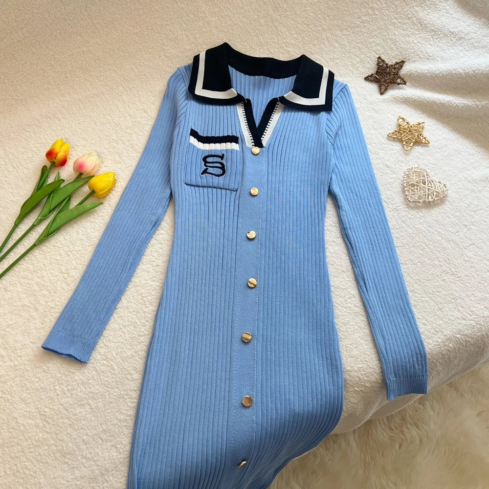 YuooMuoo Women Dress 2025 Autumn Winter Fashion Y2K Embroidery Slim Elastic Long Sweater Dress Elegant Lady Office Dress Vestido