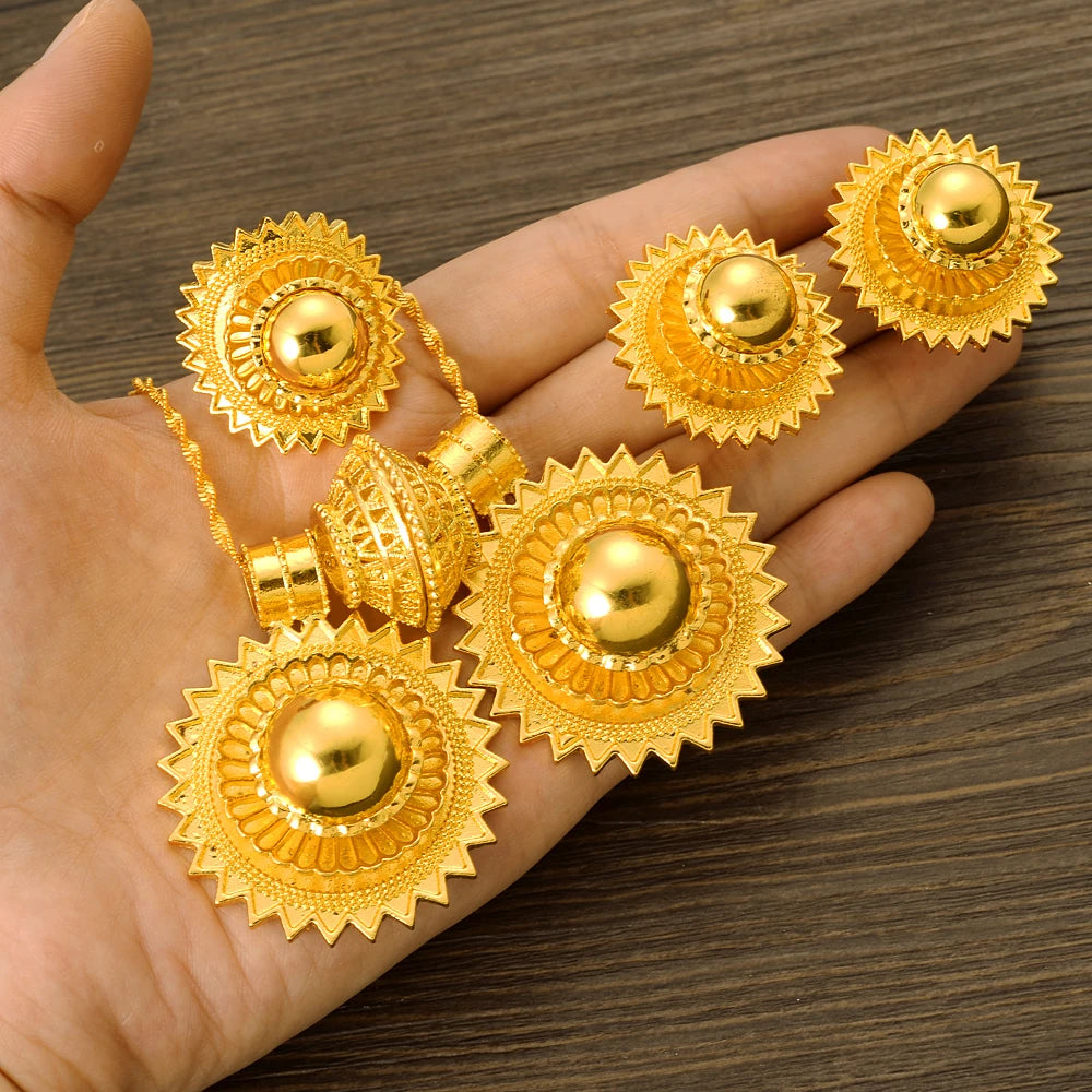 Ethiopian  Jewelry 2pcs Pendant/Necklace/Earring/Ring/Bracelet Gold Color Eritrea Set Man Women's Habesha Wedding Party Gift